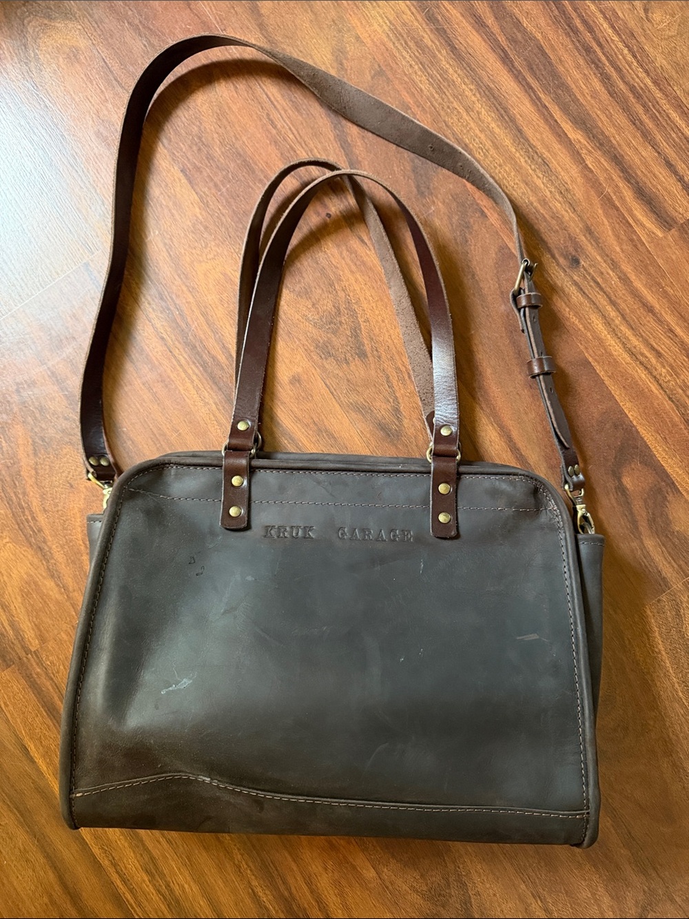 Dark Brown Leather Messenger Bag with Dual Straps Fits laptop.